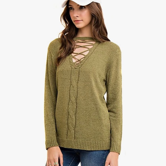 Women's Olive Green Long Sleeve Knit Pull Over Cutout Lace Up Sweater Blouse Top - Picture 5 of 5